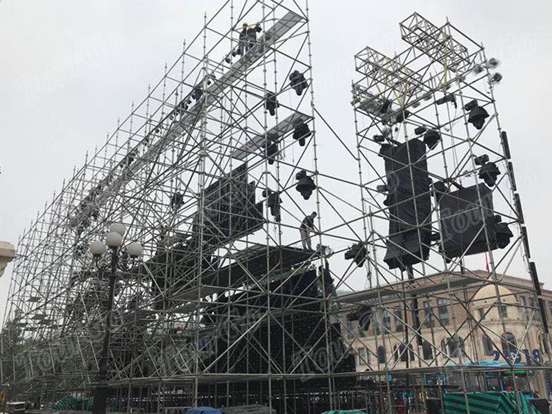FOH tower and truss rigging scaffold assembled for a touring concert production