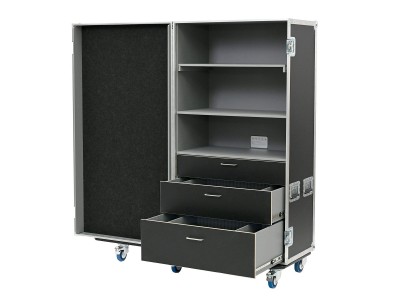 Flight case Design cabinet with 3 drawers and extendable shelf