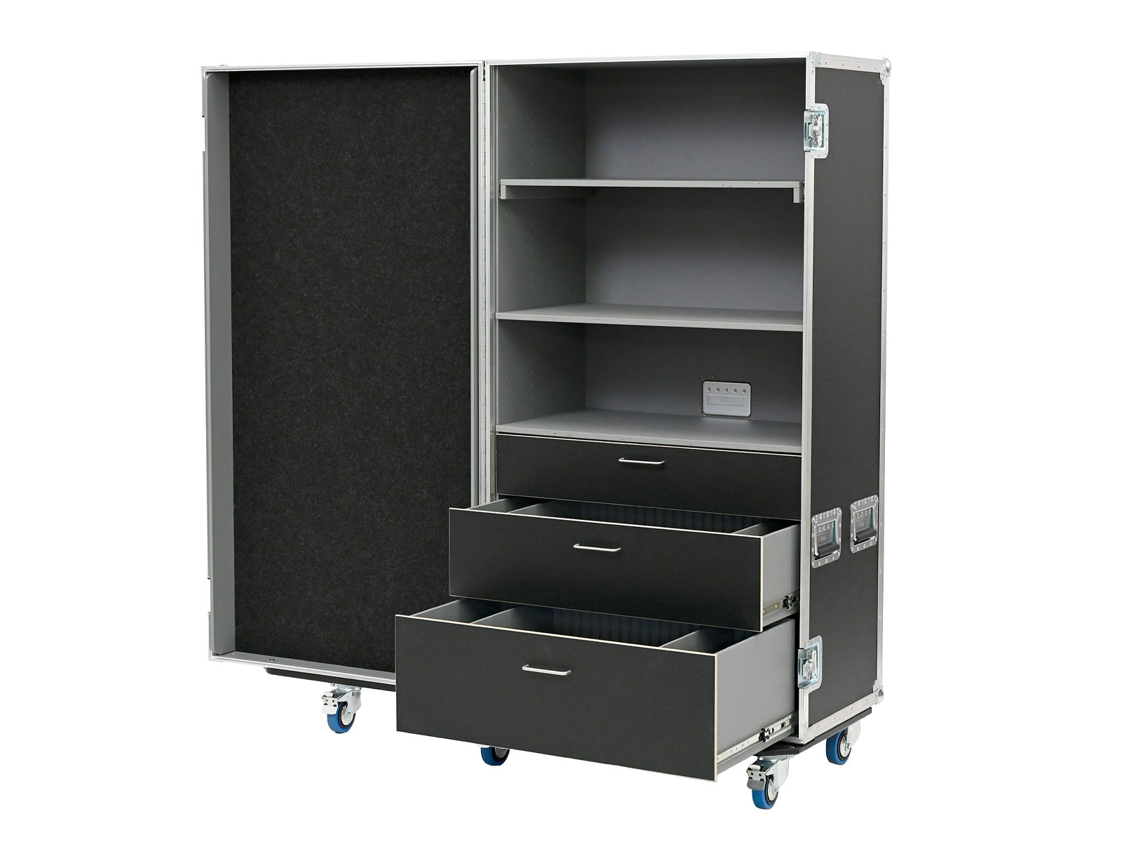 Flight case Design cabinet with 3 drawers and extendable shelf