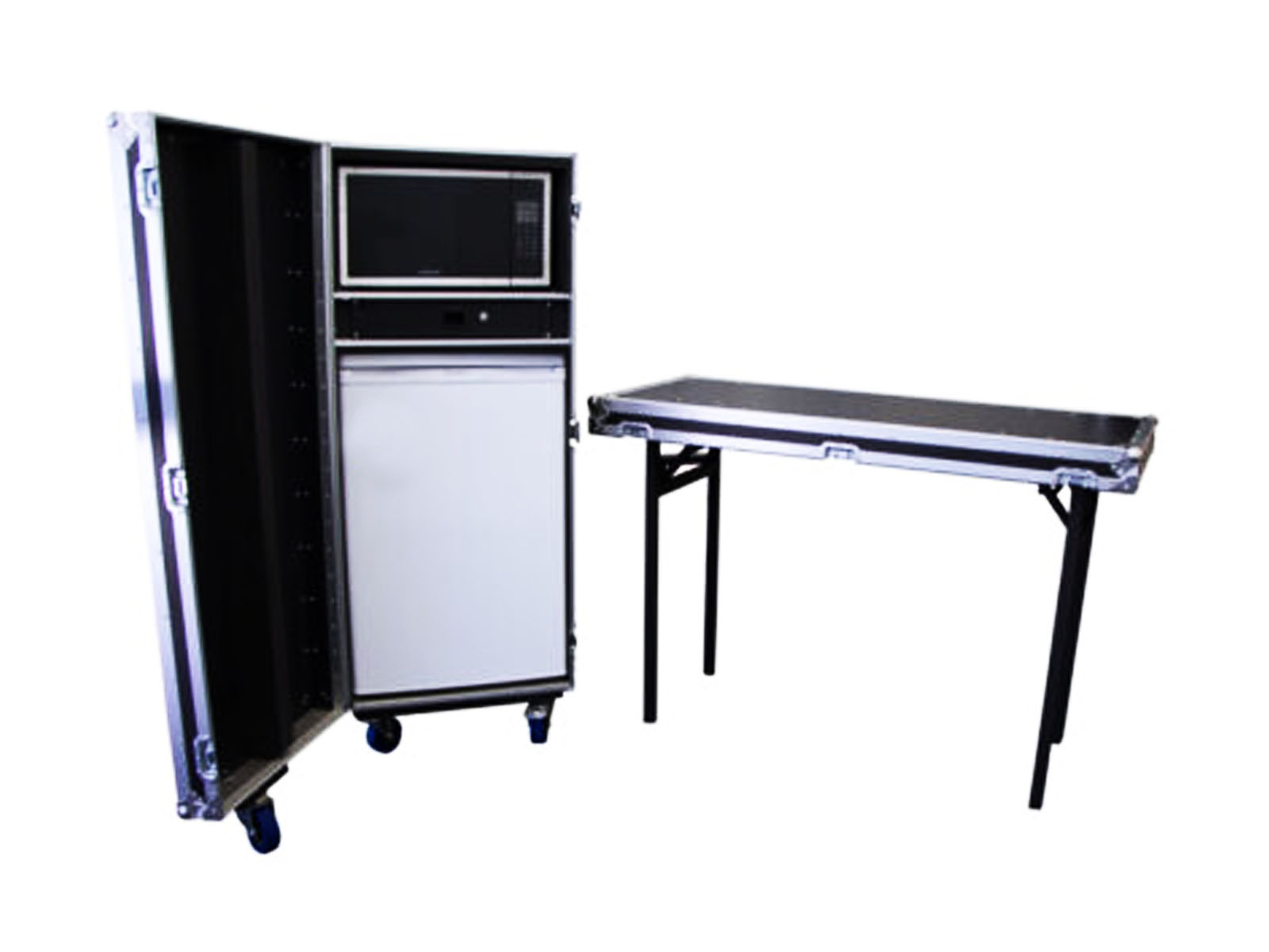 Mobile Bar Fridge & Microwave Oven Road Case with Detachable Side Bench – Black