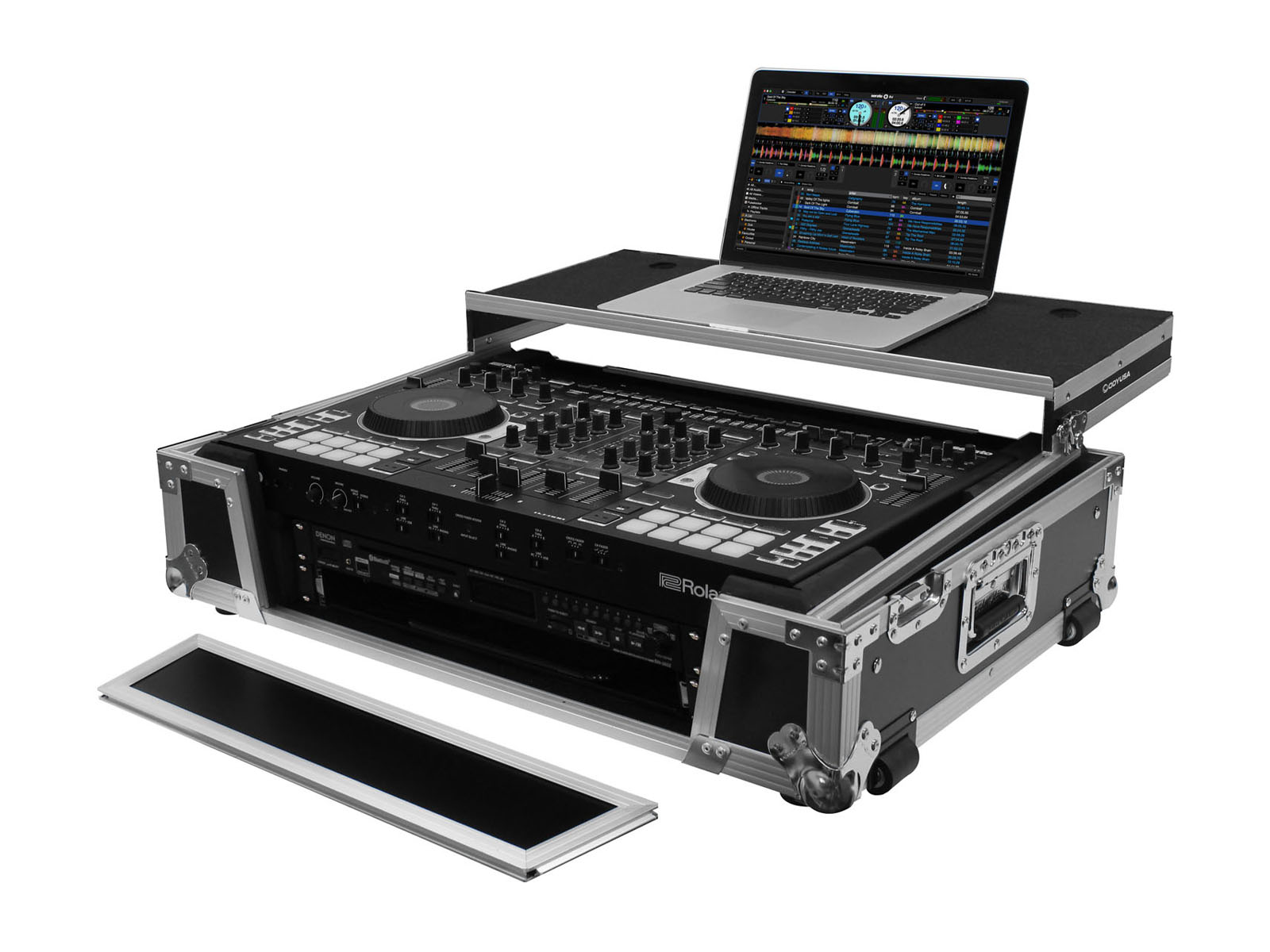 Roland DJ-808 / Denon MC7000 Flight Case with 2U Rack Space and Glide Platform