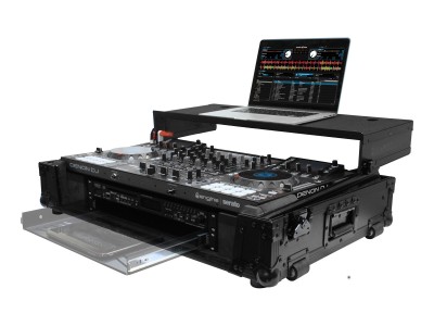Black Denon MCX8000 Flight Case with 2U Rack Space, Wheels, and Glide Platform