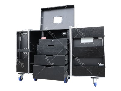 Black 4 Drawer Backline Tool Flight case With 3u Rack Space And Power Socket
