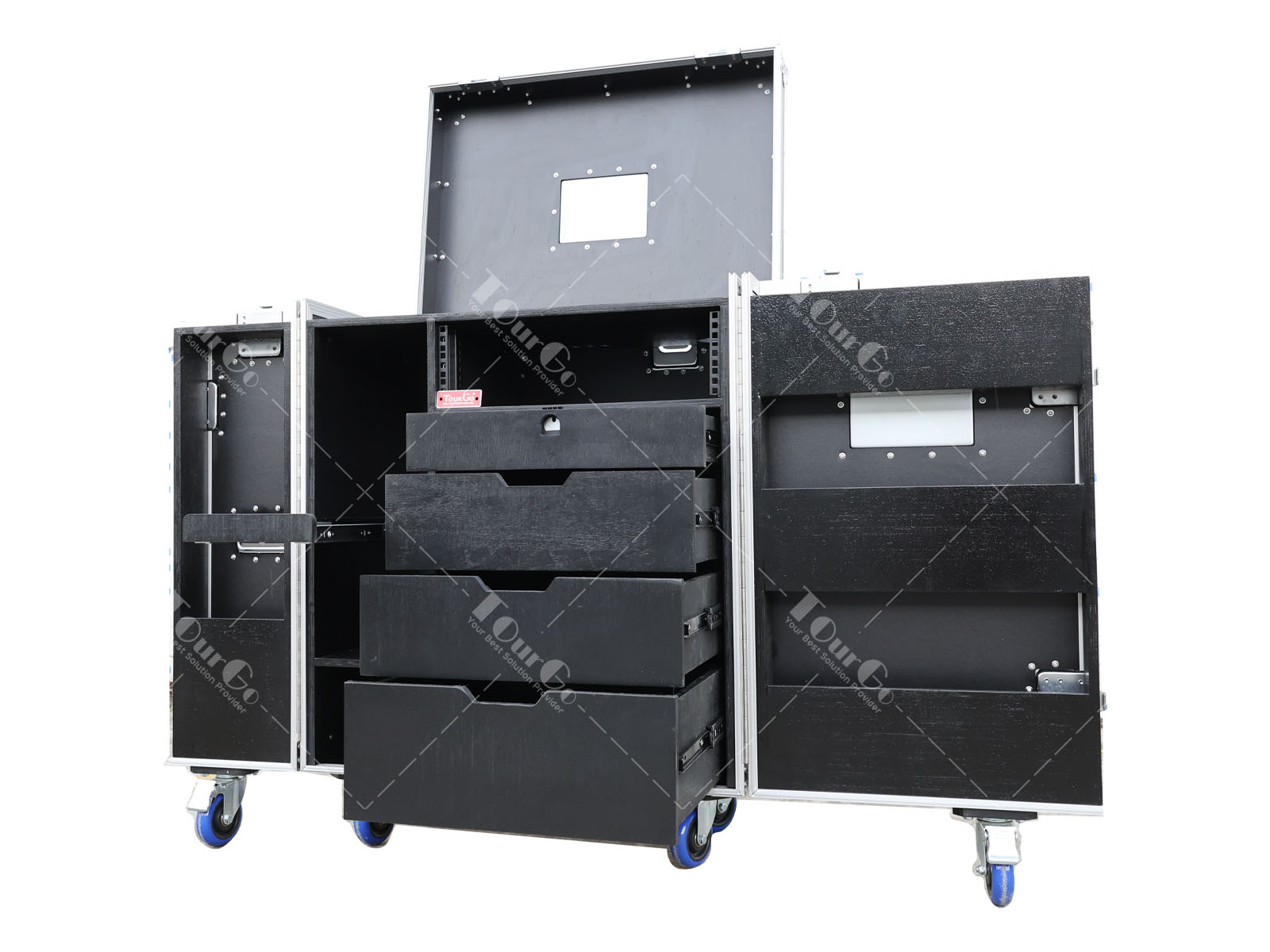 Black 4 Drawer Backline Tool Flight case With 3u Rack Space And Power Socket