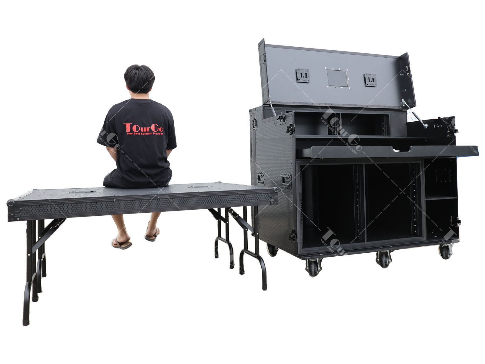 Black Finish Mobile AV Broadcasting Streaming Recording Studio Workstation Case with 2x 4U Top 2x 12U Bottom