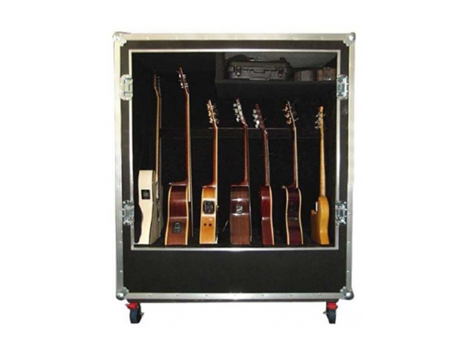 Flight Road Cases for 10 different guitars with caster boards