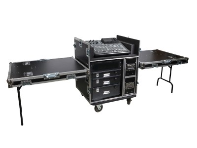 ATA Flight Style Mixing Console Case 12U Shockproof Rack 2 Drawer 2 Side Tables & 4 Locking Casters
