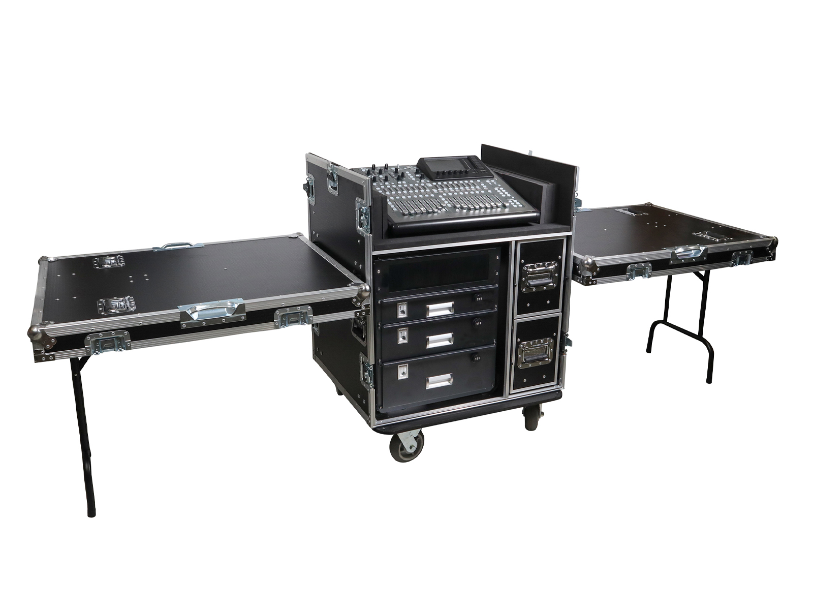 ATA Flight Style Mixing Console Case 12U Shockproof Rack 2 Drawer 2 Side Tables & 4 Locking Casters