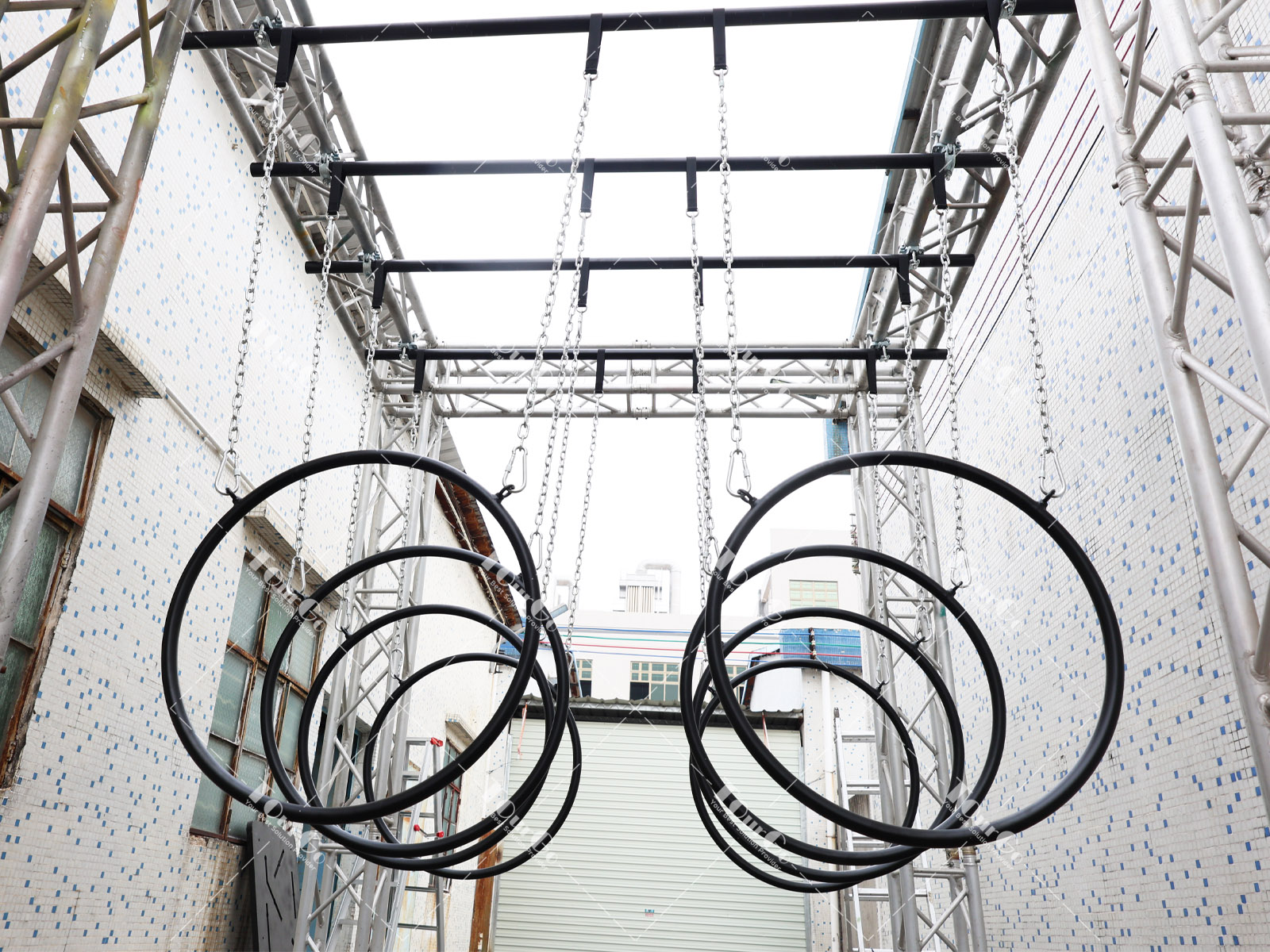 Ninja warrior swing obstacles flying circle big rings and chain