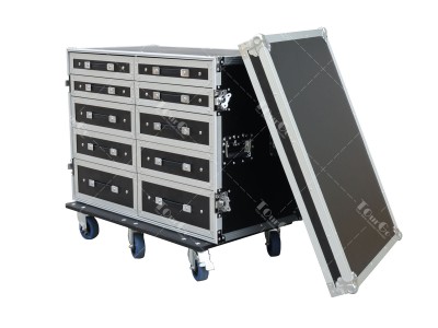 Custom black 10 drawer flight case with table