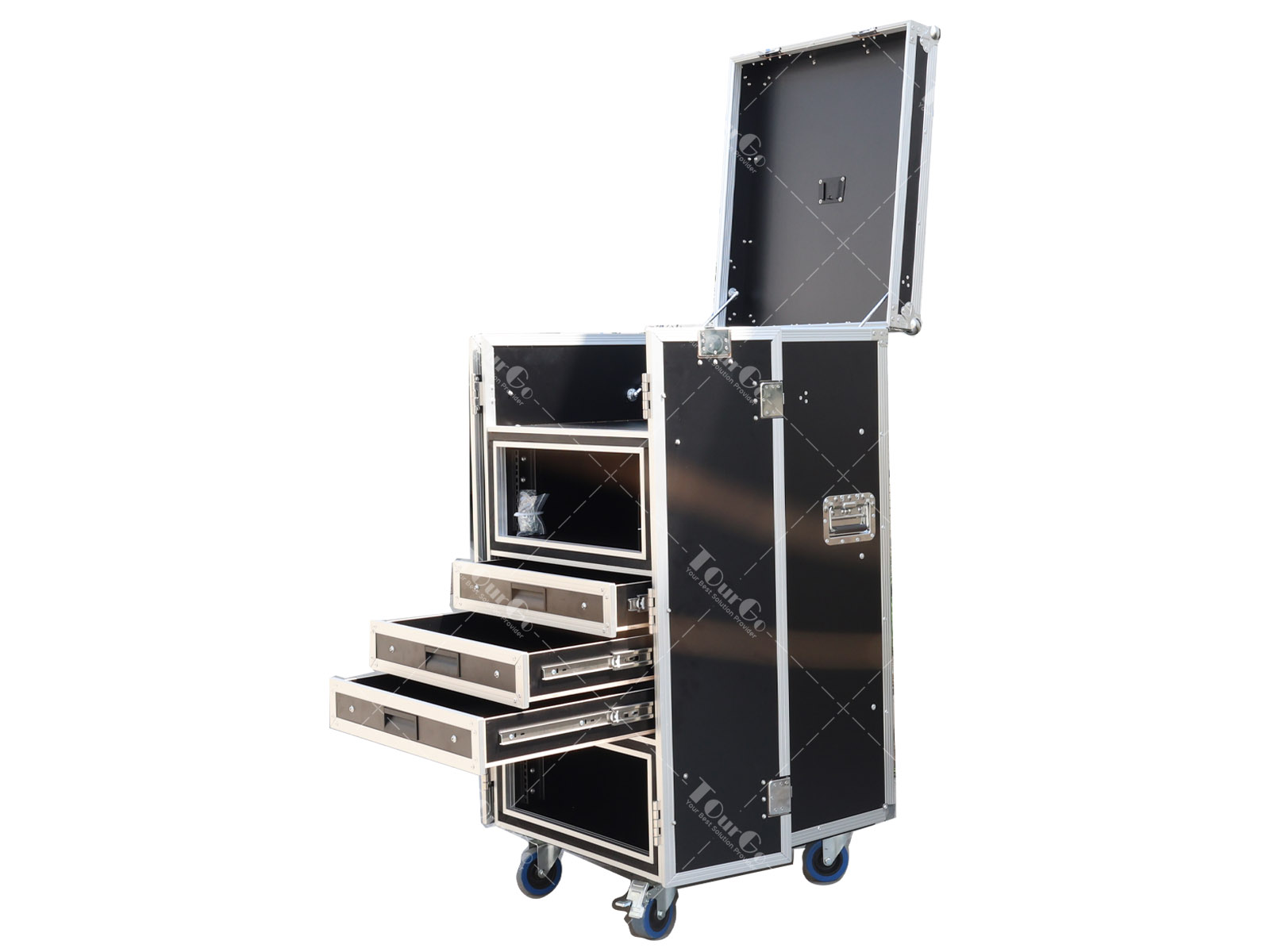 Single 17-24 inch video production workbench flight case with 2 X 4U rack