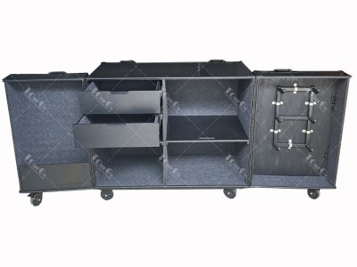 Customized workshop flight case with drawers and pull-out compartments, hooks, storage compartments