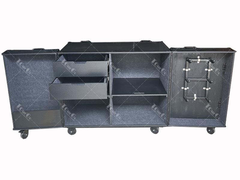 Customized workshop flight case with drawers and pull-out compartments, hooks, storage compartments