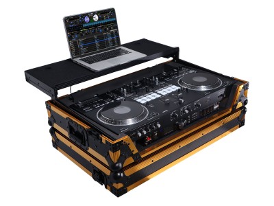 ATA Style Flight Case for Pioneer DDJ-REV7 DJ Controller with Laptop Shelf Wheels and 1U Rack Space Gold Black Finish