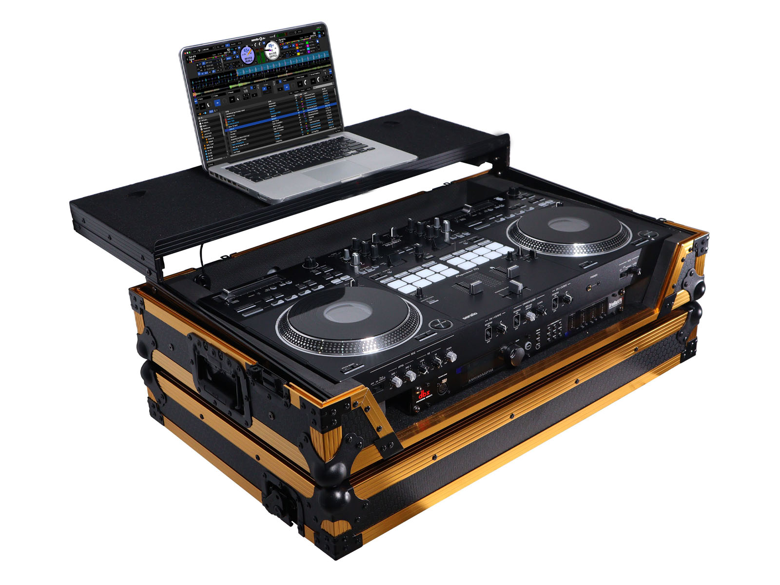 ATA Style Flight Case for Pioneer DDJ-REV7 DJ Controller with Laptop Shelf Wheels and 1U Rack Space Gold Black Finish