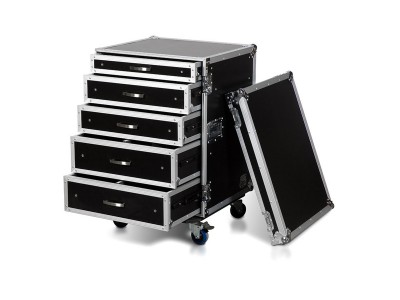 16U RACK WITH 5 DRAWERS; 2X4U, 2X3U, AND 1X2U HIGH WITH CASTER BOARD