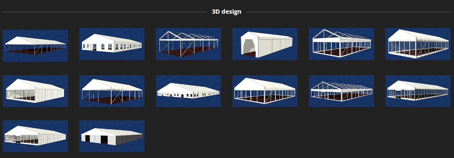 1A Frame Clear Span Tent is our standard and most popular design in the past years. The width varies from 3m to 60m, length has no limitation. Length can be any times of 3m, 5m modular. There is no pole inside the tent, which enable you make maximum use of the space inside. Most popular size are 6x12m, 9x15m, 10x20m, 12x30m, 15x40m, 20x30m, 20x50m, 25x60m, 30x60m, 30x100m, 40x100m, 50x100m Ect. It is widely used as wedding tent, party tent, marquee, marquee tent.  Accessories available for pagoda tent: lining & curtain, glass wall, glass door, ABS panel wall, Cassette wooden flooring system, ground anchor. It is easy to set up and take down. You can check the installation video page on our website.