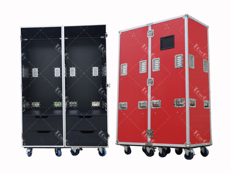 Red Color Custom ATA Style Mobile Wardrobe Flight Cases / Heavy Duty Custom Wardrobe Drawer Tour Case