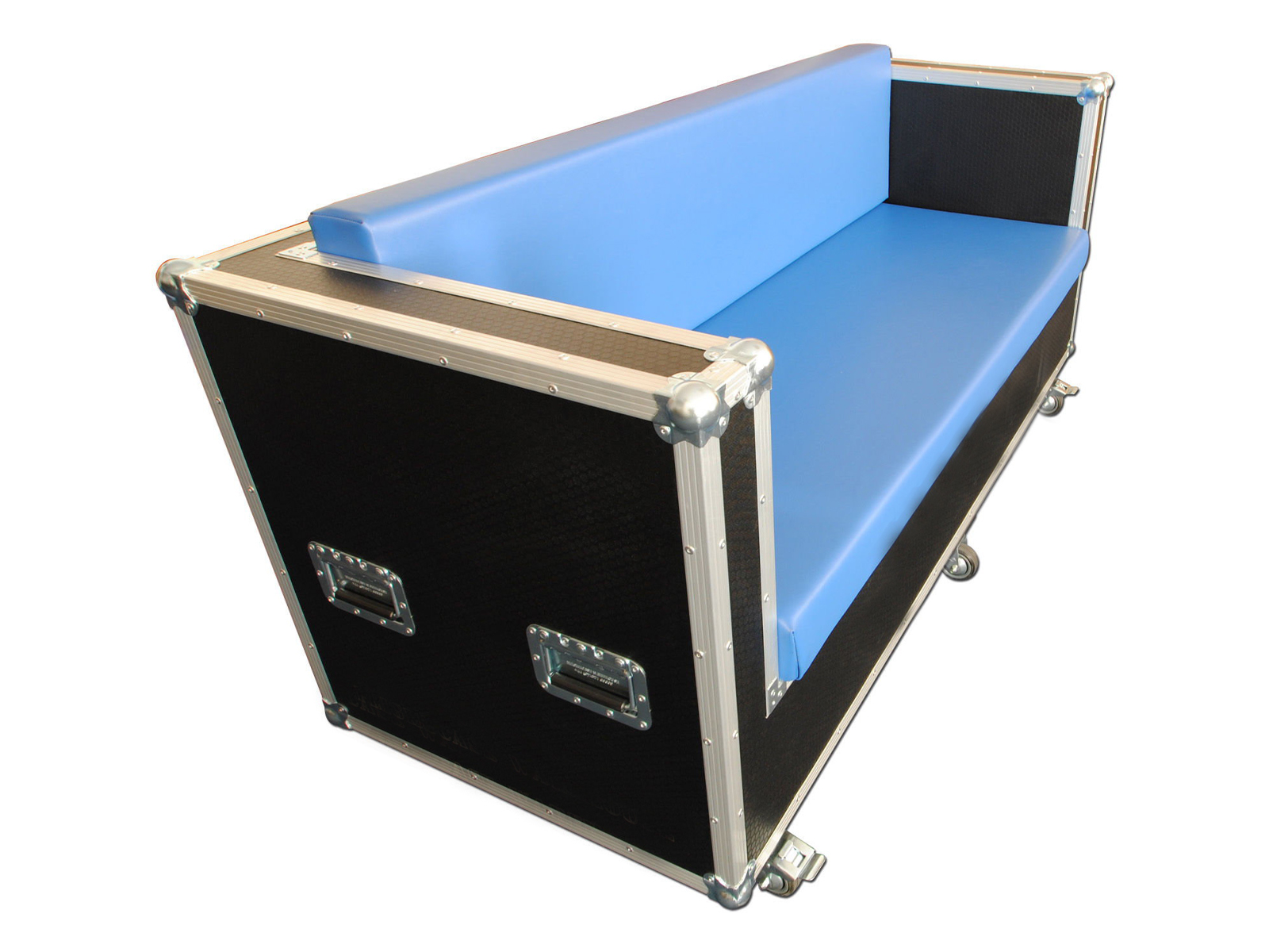 3 Seater Wood and Leather Sofa with Corporate Branding Flight Case