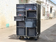 CLAM SHELL STYLE ROAD CASE WITH 10 STORAGE SPACES for PLASTIC BINS and CRATES