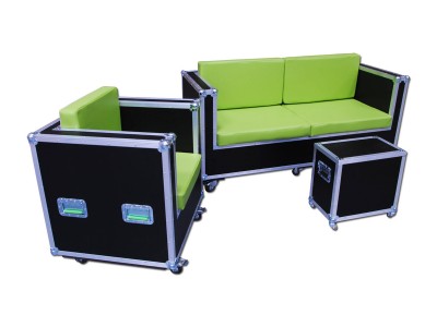 3 Seater Wood and Green Leather Sofa Flight Case