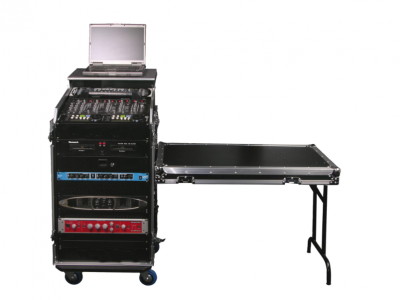 Deluxe 11U Top Slanted 16U Bottom Vertical Pro Combo Rack with Casters, Side Table, and Glide Platform