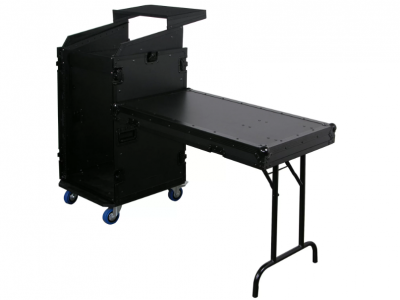 Deluxe Black 11U Top Slanted 16U Bottom Vertical Pro Combo Rack with Casters, Side Table, and Glide Platform