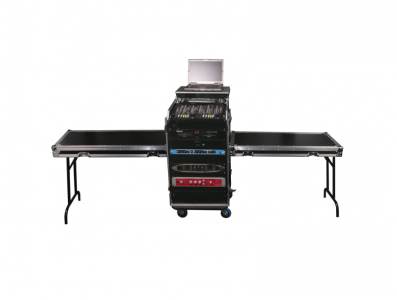 Deluxe 12U Top Slanted 14U Bottom Vertical Pro Combo Rack with Casters, Two Side Tables, and Glide Platform
