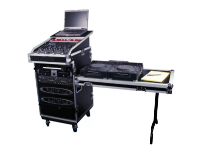 13U Top Slanted 16U Bottom Vertical Pro Combo Rack with Casters, Side Table, and Glide Platform