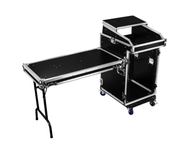 14U Top Slanted 16U Bottom Vertical Pro Combo Rack with Casters, Side Table, and Glide Platform