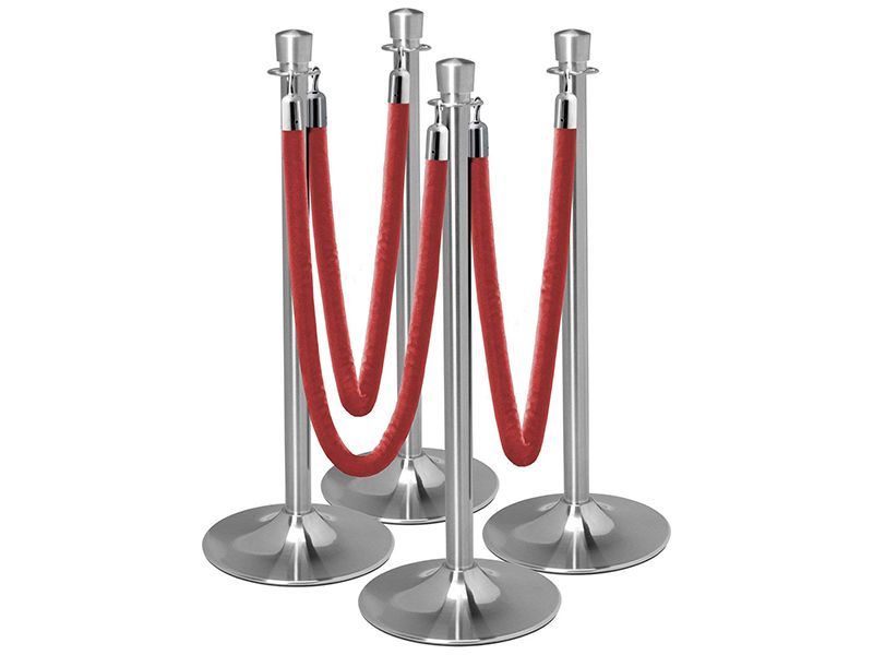 TourGo 4 Stanchion Queuing Kit with 3 Velvet Ropes, Chrome with Crimson Red Ropes