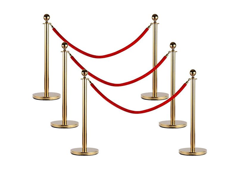 TourGo Round Top Polished Brass Stanchion Posts Queue Barrier, Pack of 6 Posts with 4.5 Foot Red Velvet Ropes