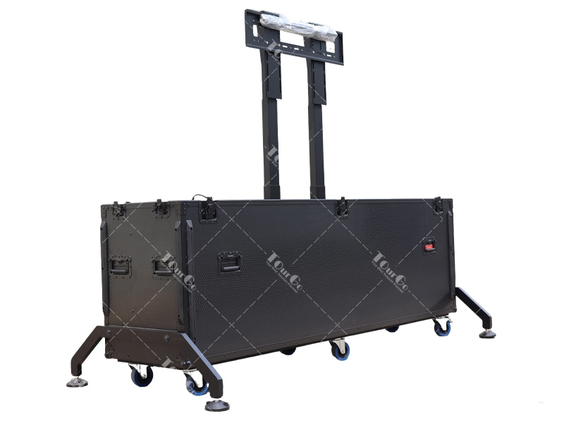 All in Black Motorised TV Lift Flight Case for 98inch Screens with Double Lifting Posts and Support Feet
