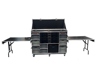 Flight Case Tool Box with fold up lid & twin side tables.