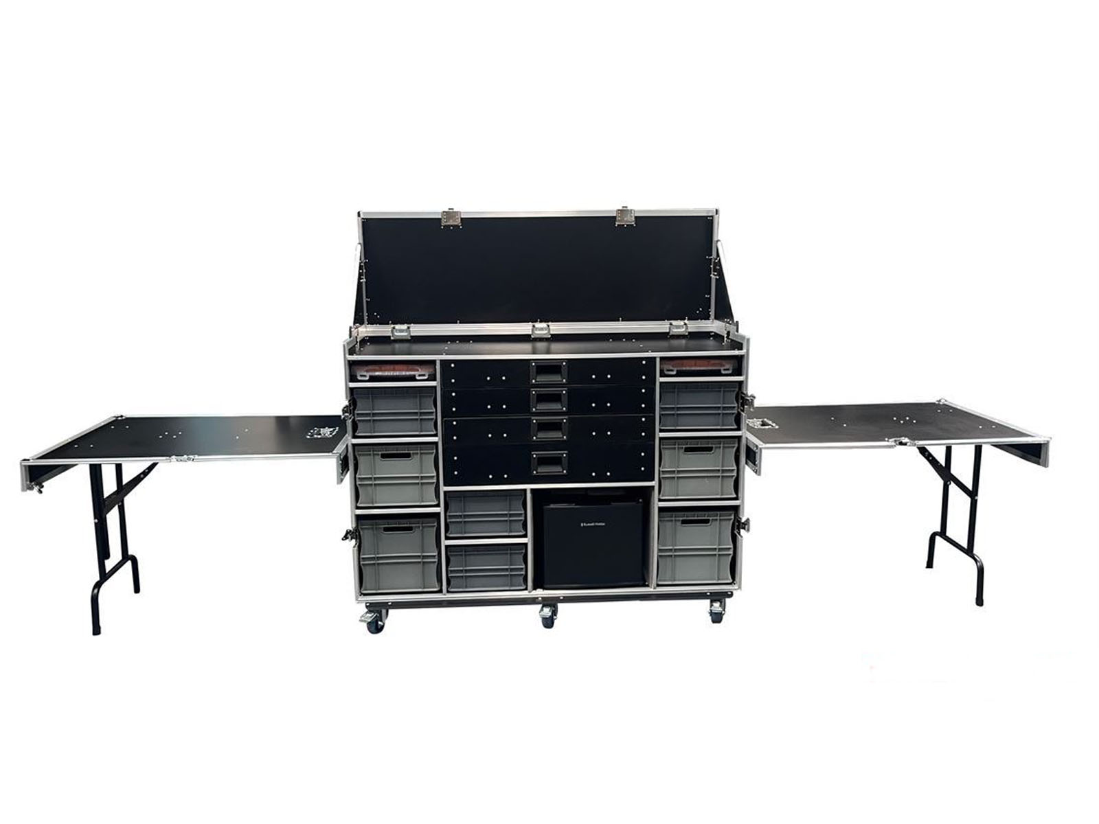 Flight Case Tool Box with fold up lid & twin side tables.