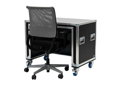 Flightcase design desk with cable aperture on the right