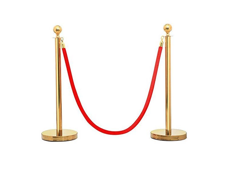 TourGo Round Top Stainless Plated Stanchions, Set of 2 Pcs with 1 of 6.5ft Red Velvet Rope (Gold, 6.5 Feet)