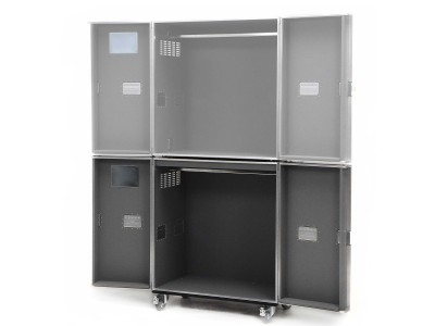 Cabinet case with hinged doors and clothes rail including rollers