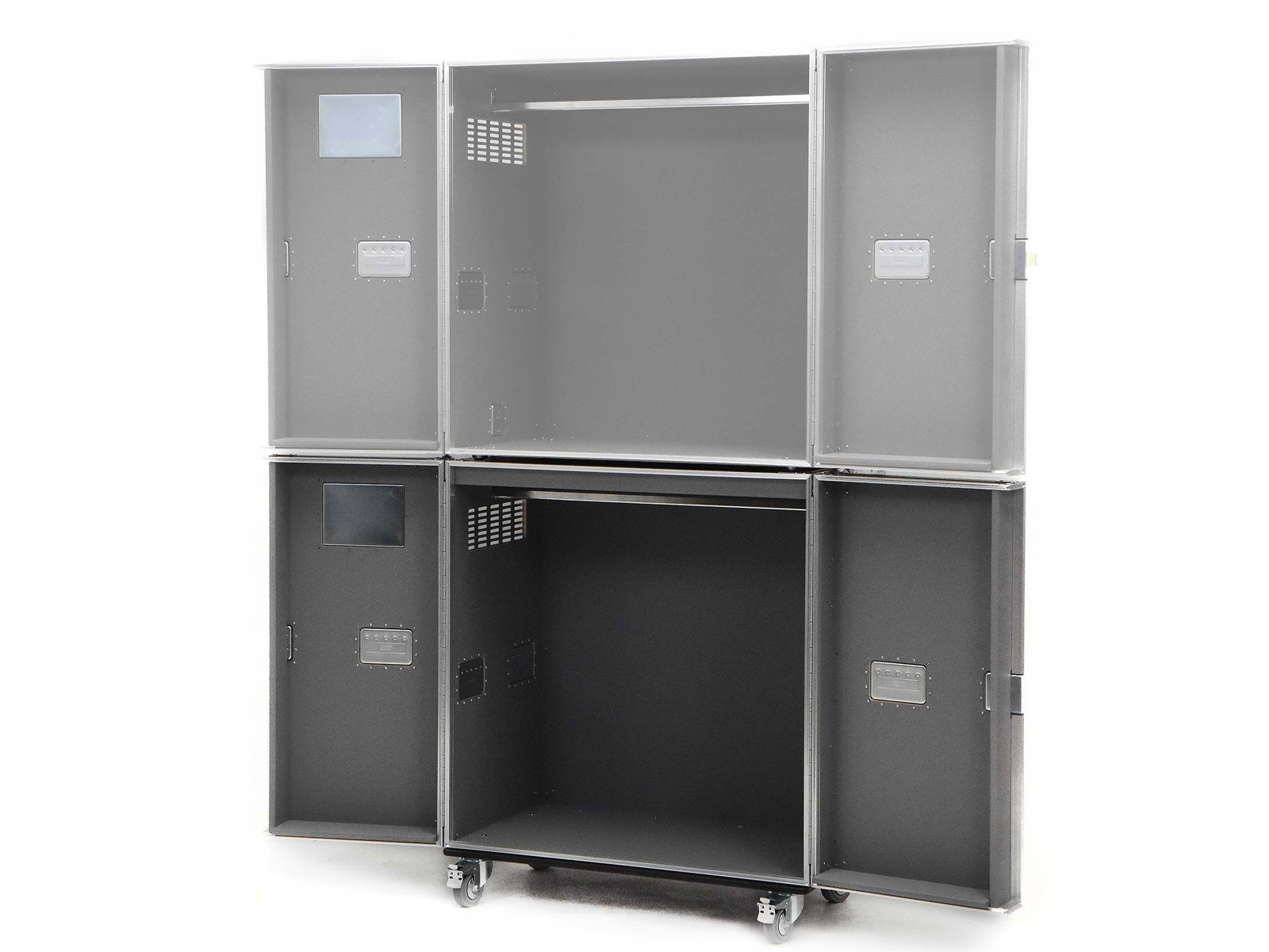 Cabinet case with hinged doors and clothes rail including rollers
