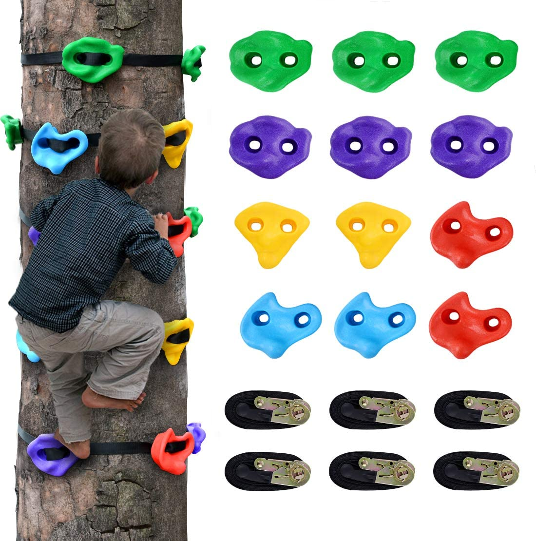 Outdoor Kids Climber ninja Tree rock climbing holds with sturdy ratchet straps