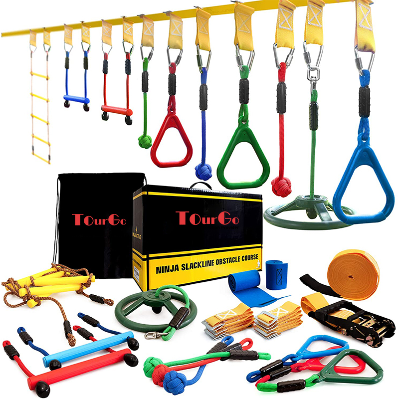 Weatherproof 50′ Kids Ninja Slackline Kit with 10 Obstacles for Ninja Warrior Obstacle Course