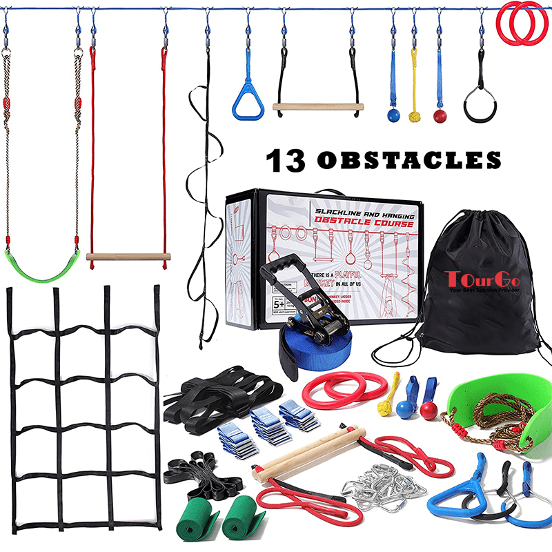 TourGo Sporting Ninja Warrior Obstacle Course 60′ Ninja Slack Line with 13 Obstacles for Kids Backyard