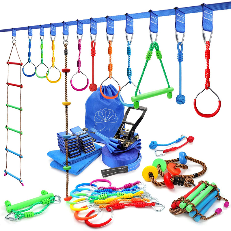 50 Foot Kids Gym Swinging Obstacle Course Set Ninja Slackline Monkey Bar and Climbing Rope