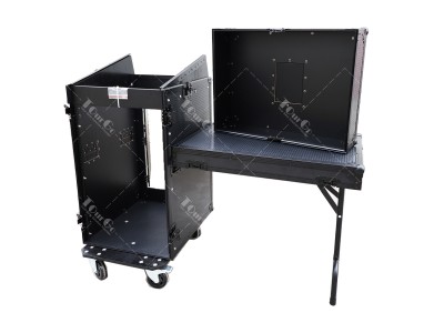 Black 11U Top Slanted 16U Vertical Pro Combo Rack Flight Case with Casters Side Table and Glide Platform