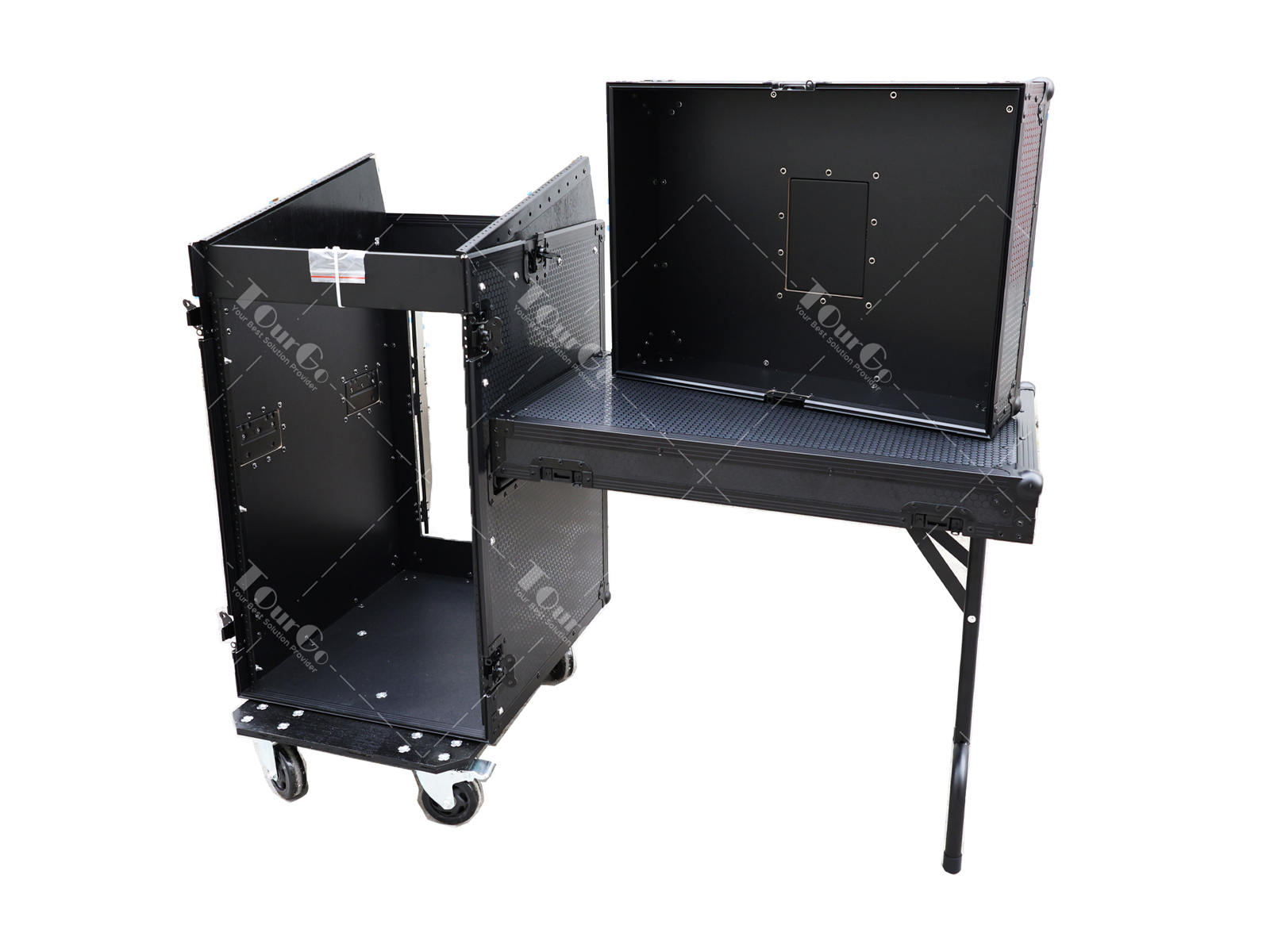 Black 11U Top Slanted 16U Vertical Pro Combo Rack Flight Case with Casters Side Table and Glide Platform