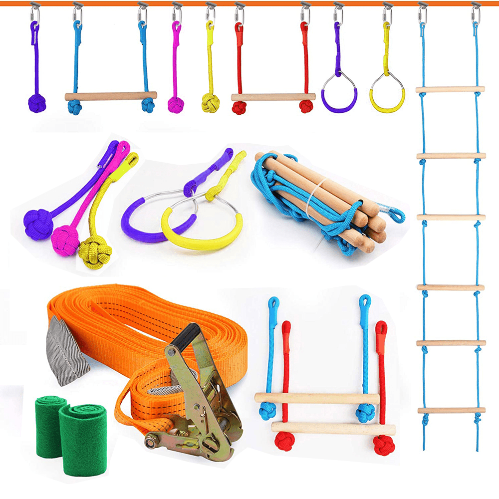 Ninja Warrior Slackline Obstacle Course Ninja Line Rope Ladder Gymnastic Rings Monkey Bars for Kids Backyard Outside Activities