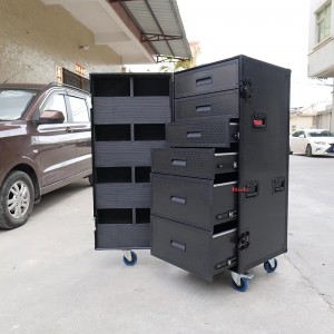 TourGo Portable 6-Drawer Aluminum Storage Box Black Finish Waterproof Flight Road Case OEM ABS PU PVC Plywood EVA Foam Padlock