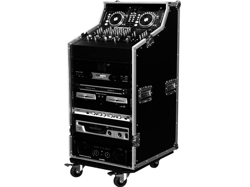 Dual CD Control and 19 inch Mixer DJ Work station Top Rack 4U, Mid 7U, Bottom 16U with Wheels