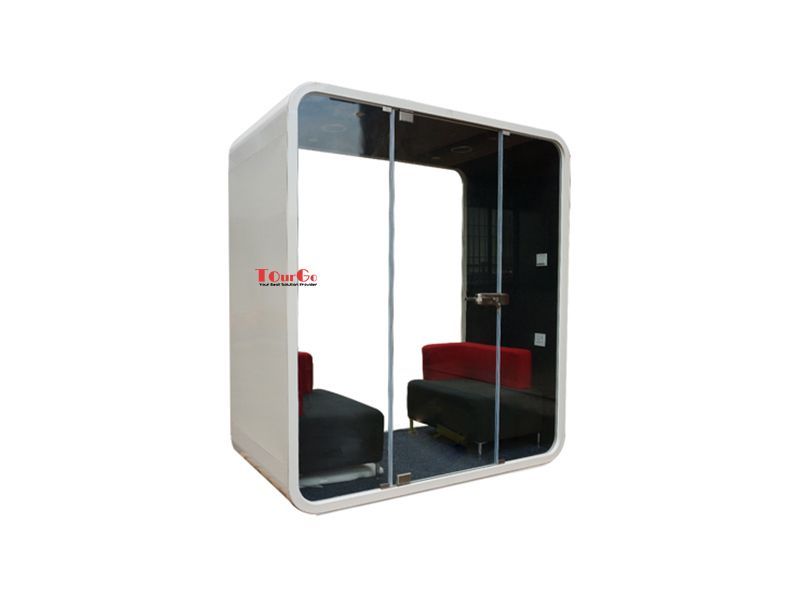 2-seater frameless meeting pods with red sofa