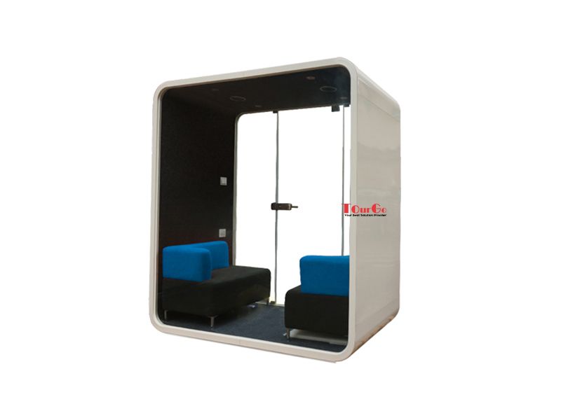 2-seater frameless meeting pods with blue sofa